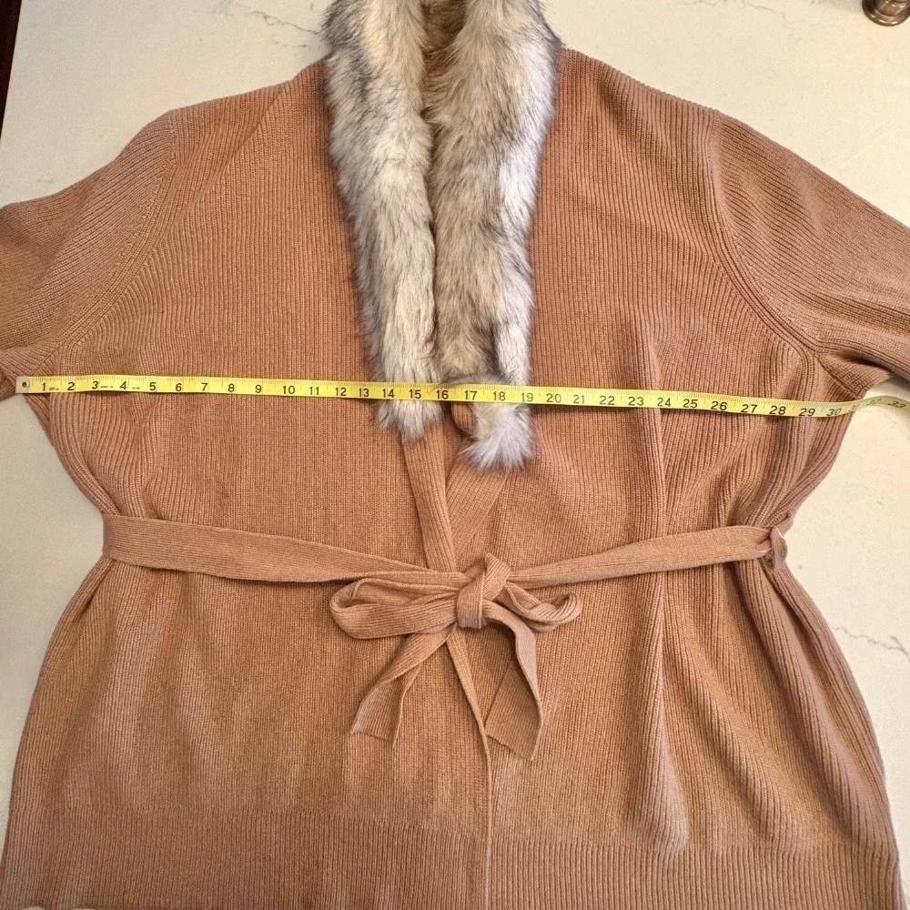 Michael Kors Camel Wrap Cardigan with Faux-Fur Shawl Collar